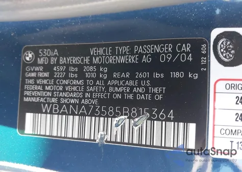 2005 BMW 530I from USA, damaged, VIN WBANA73585B815364